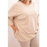 Kesi Włoski Plus Size women's blouse with cotton, pocket, and rolled-up sleeves beige | Shoptok.si
