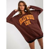 Fashion Hunters Dark brown and orange oversized long sweatshirt with a slogan Cene