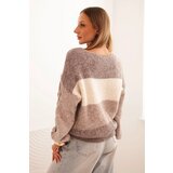Kesi Włoski Women's striped sweater with cable knit sleeves made of wool black + beige | Shoptok.si