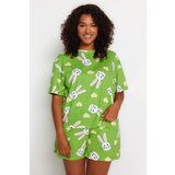 Trendyol Curve Green Rabbit Printed Cotton Knitted Pajamas Set Cene