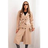 Kesi Włoski Women's trench coat made of eco-leather with a belt and collar beige Cene