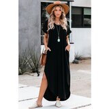 Fenzy Maksi Haljina Širokog Kroja S "V" Izrezom, Kratkim Rukavima S Volanima I Prorezima Mandelina, Crna | shoptok.hr