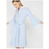 Koton Women's Blue Classic Collar 3/4 Sleeve Ruffle Tie Waist Dress cene