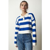 Happiness İstanbul Women's White Blue Stylish Buttoned Collar Striped Crop Knitwear Sweater Cene