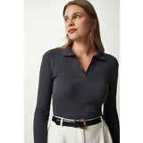 Happiness İstanbul Women's Anthracite Polo Neck Ribbed Knitted Blouse Cene