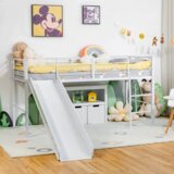  Potkrovna krevet za dječji krevet s letvenim okvirom i zaštitom od pada, dim. 198 x 96 x 109 cm bijela | shoptok.hr