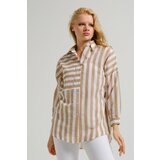 armonika Women's Beige Asymmetrical Striped Oversized Long Basic Shirt Cene