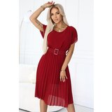 numoco basic 465-5 MIA Pleated Chiffon Midi Dress with Wide Belt - Burgundy | Shoptok.si