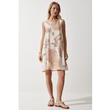  Women's Cream Peach Patterned Linen Viscose Mini Dress | Shoptok.si