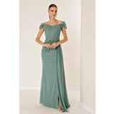 By Saygı Low Sleeves Front Draped and Lined Underwire Long Glittery Dress Mint Cene