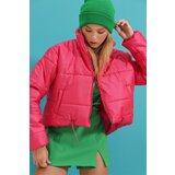 Trend Alaçatı Stili Women's Fuchsia Stand Collar Double Pocketed Inflatable Puffer Coat with Elastic Waist Cene