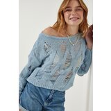  Women's Sky Blue Boat Neck Seasonal Openwork Knitwear Sweater | Shoptok.si