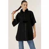 By Saygı Collar Furry Pompom Detailed Pocket And Sleeves Beaded Front Zippered Imported Cachet Poncho Coat