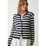  Women's Ecru Navy Blue Striped Knitwear Cardigan with Waistcoat | shoptok.hr