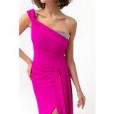 Lafaba Women's Fuchsia One-Shoulder Long Evening Dress with Stones. | Shoptok.si