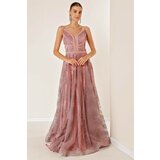 By Saygı V-Neck with Thin Straps Bead Detailed Tie Back Lined Glitter Flock Printed Coral Long Dress Powder Powder Cene
