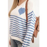 Kesi Włoski Women's striped sweater with heart, mohair and V-neck, denim color | shoptok.hr
