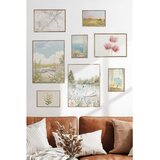 Wallxpert set od 8 uramljenih slika Çgs-053, pastelni pejzaži – beli labud na jezeru, cvetna livada, more i roze lale, ram u boji prirodnog drveta | Eponuda.com