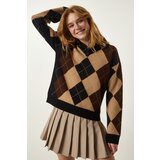  Women's Black Biscuit Polo Neck Diamond Patterned Knitwear Sweater | Shoptok.si