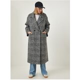  Women's Black Premium Double-breasted Collar Patterned Wool Stamped Coat Cene