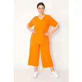 Şans Women's Orange Camisole Knitted Elastic Waist Wide Leg Trousers V-Neck Blouse Suit
