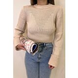 Trend Alaçatı Stili Women's Beige Crew Neck Thessaloniki Knit Crop Blouse with Fold Up Sleeves | shoptok.hr