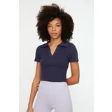 Trendyol Navy Blue Fitted/Skinned Crop Polo Neck Ribbed Stretch Knit Blouse