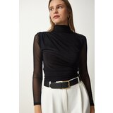  Women's Black Chiffon Sleeve Gathered Knitted Blouse Cijene