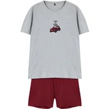 Trendyol Men's Gray - Claret Red Regular Fit Embroidered Knitted 3-Piece Pajama Set