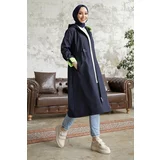InStyle Hooded Neon Trench with Pleated Waist - Navy \ Green