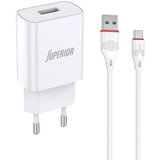  PUNJAČ SA KABLOM SUPERIOR P1004 CO-DC21 10.5W USB-A NA USB-C BELI 2.1A *MD *SR Cene