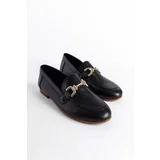 Capone Outfitters Women's Black Genuine Leather Loafer with Gold Buckle