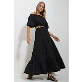 Trend Alaçatı Stili Women's Black Madonna Collar Crop Blouse Gathered Inner Lined Skirt Poplin Suit Cene