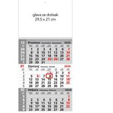  KALENDAR ZIDNI TRODIJELNI 2026. SA SPIRALOM SIVI | Shoptok.si