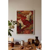 Wallxpert uramljena slika 115252, dva ždrala u letu na crvenoj pozadini sa zlatnim oblacima, 30 x 40 cm, beli ram u