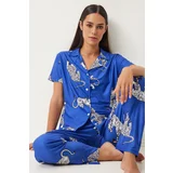 Happiness İstanbul Women's Dark Blue Patterned Shirt and Pants Knitted Pajama Set