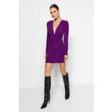 Trendyol Purple Draped V-Neck Fitted/Slee-Down, Stretchy Mini Knit Dress Cene