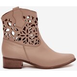 Boto Zazoo 3404 Perforated Cowboy Ankle Boots With Low Heel Leather Dark Beige | shoptok.hr