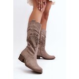 Zazoo 4043 Suede Low Heel Lattice Boots Cappucino | Shoptok.si