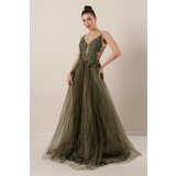 By Saygı Lined Long Tulle Dress with Guipure Beads and Beads with Thread Straps Khaki Cene