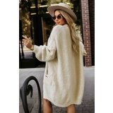 numoco basic 628-1 Fashionable oversized cardigan with a decorative brooch and practical pockets - beige | Shoptok.si