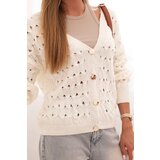 Kesi Włoski Ladies' openwork sweater with a V-neck and gold buttons ecru | shoptok.hr