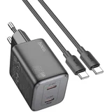 zidni punjač 2 x Type-C + kabel Type-C do Type-C PD QC 45W GaN N42 crni