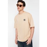 Trendyol Beige Men's Oversize Compass Label 100% Cotton T-Shirt Cene