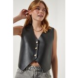  Women's Black Fleece Faux Leather Vest | Shoptok.si