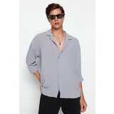 Trendyol Men's Gray Oversized Fit Flared Collar Summer Linen-Look Shirt. Cene
