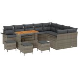 vidaXL 13-dijelni set vrtne sofe s jastučićima siva poli ratan akacija, 2-sjedna vrtna sofa s pohranom i jastučićima siva poli ratan, 4-dijelni set vrtne blagovaonice s jastučićima siva poli ratan akacija | shoptok.hr