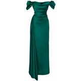 Trendyol emerald green draped satin long evening dress cene