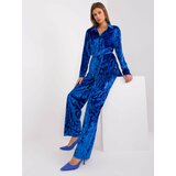 Fashion Hunters Cobalt blue velvet set with button-down shirt Cene