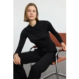 Trendyol Black Gathered/Draped Detailed Fitted/Body-Smoothing Long Sleeve Flexible Knitted Blouse